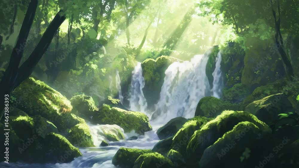 Poster Sunbeams are filtering through the dense canopy of a vibrant green forest. Illuminating a picturesque waterfall cascading over moss covered rocks and creating a tranquil and serene natural landscape