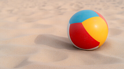 Obraz premium Colorful beach ball resting on a sandy beach. Summer fun and outdoor activities are represented by the vibrant ball and pristine sand.