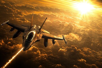Fighter jet flying above clouds with sunset golden light background