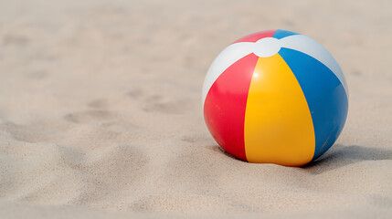 Obraz premium Beach ball on tan sand, summer fun, colorful stripes, and bright sunlight. Outdoor recreation on a sandy shore, summertime.