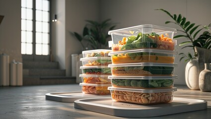 Photorealistic image of a stackable plastic crate with soft white backdrop