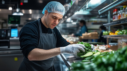 Obraz premium Man in hairnet and gloves carefully folds sandwich overflowing with greens and pickles, in gleaming modern grocery deli station