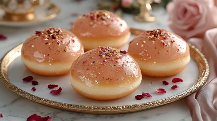 Pink glazed donuts, rose petals