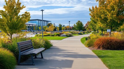 Autumn park pathway near office buildings. Possible stock photo use Business park scenery
