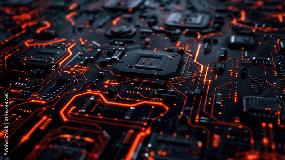Fototapete abstract picture of chip on complex circuit with digital technology style design and the electric li