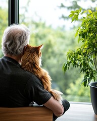 Pet-friendly retirement homes for happy senior living A serene moment: an elderly man enjoys a peaceful view with his cat, promoting companionship and tranquility in life.
