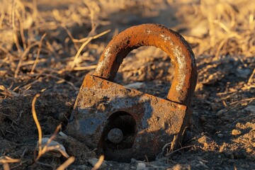 Rusty Padlock Embedded in the Ground with Dry Grass Surrounding