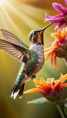 Hummingbird Sipping Nectar from Vibrant Zinnia Flowers