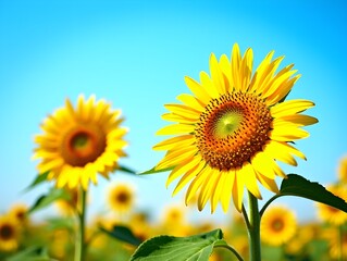 Fototapeta premium Vibrant Sunflowers in Bloom Against Clear Blue Sky