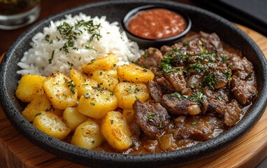 Hearty meal of rice, beef stew, and roasted potatoes.