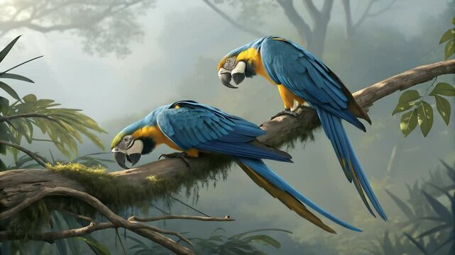 Blue and yellow macaws sitting on a branch in a tropical rainforest with palm trees and dramatic cloudy sky, photorealistic digital art with cinematic lighting, 8K resolution ai video blurry 