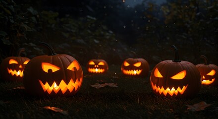 Obraz premium Spooky Halloween Jack-o'-lanterns Glowing in the Dark Night