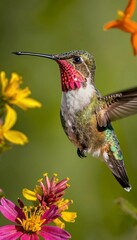 Fototapeta premium Ruby-Throated Hummingbird Amongst Vibrant Blooms