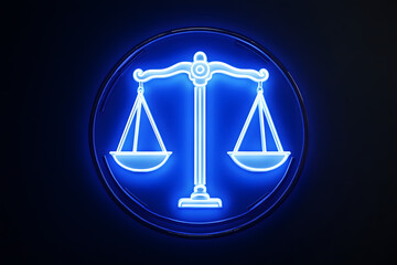 Glowing neon Libra zodiac symbol of balance and justice scales on dark background, representing harmony, law, equality, air sign traits, astrology energy, and fairness concept

