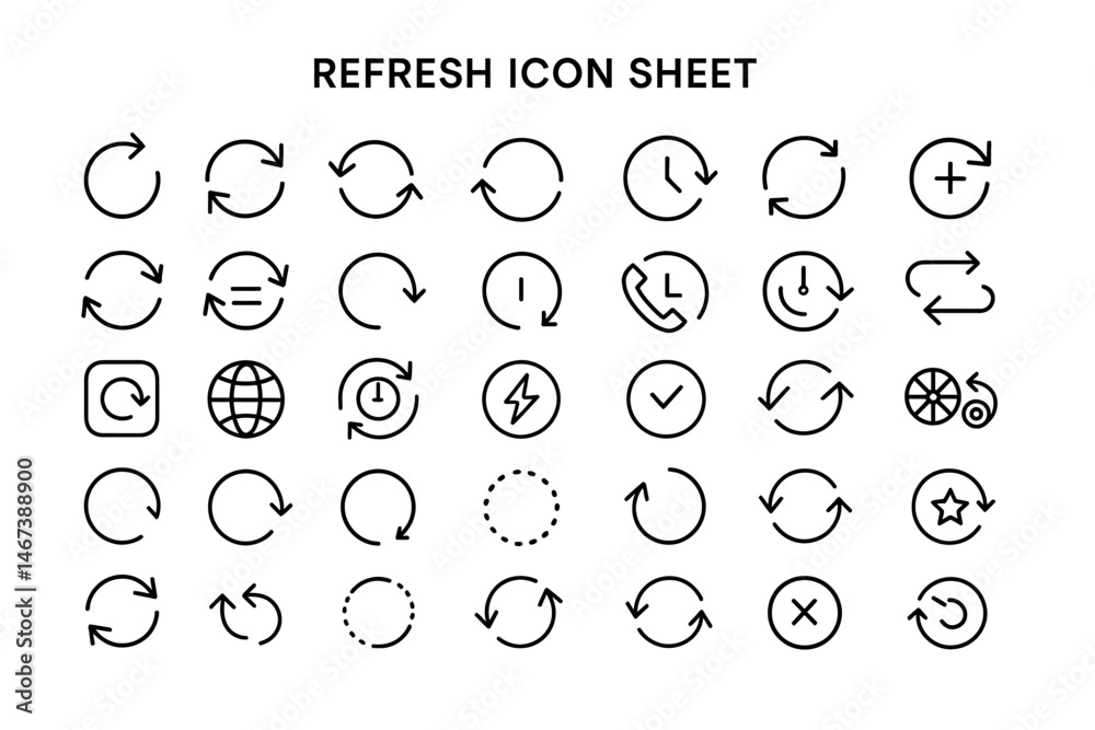 Poster refresh icon sheet: a clean, minimalist collection of refresh and reload icons, offering a versatile