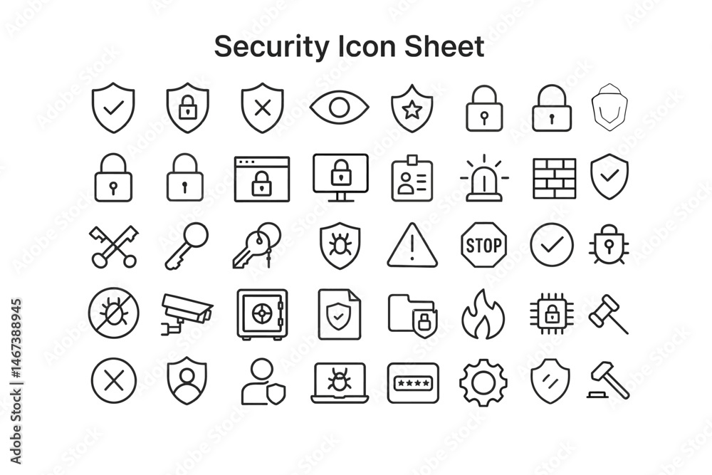 Poster digital security icon: a comprehensive digital security icon sheet, presenting a wide array of safet