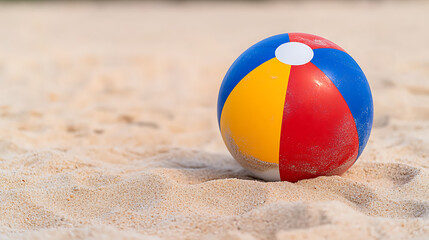 Obraz premium Colorful beach ball on the sand, perfect for summer fun. Enjoy your days relaxing on a warm sandy beach with recreational games on your summer vacation.