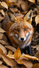 Fototapeta premium Red Fox Portrait in Autumn Leaves