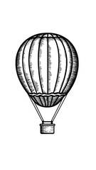 Obraz premium Black and white vintage style hot air balloon engraving with detailed lines and shading in minimalist flat vector outline design for travel and adventure themes