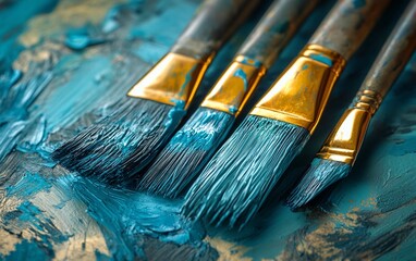 Obraz premium Used paintbrushes with teal color paint on artist's palette.