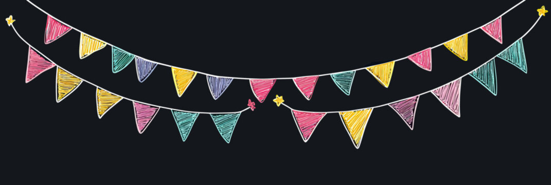 Colorful hand drawn party garland with triangular pennant flags in sketch doodle style on black chalkboard background for celebration decoration and festive events