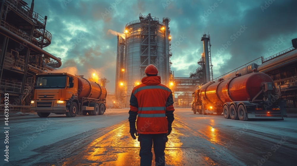 Poster a worker stands in front of a petrochemical refinery, watching as trucks load materials while the sk