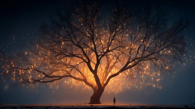 Lone person standing under glowing tree with radiant golden lights in dark misty night. concept of magic, wonder, and spiritual connection with nature