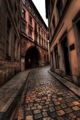 Fototapeta premium Narrow cobblestone street winding through historic European buildings under an arched passageway.