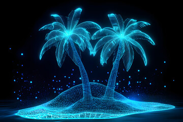 Futuristic glowing palm trees on digital tropical island in hologram style with neon lights, perfect for vacation, paradise, travel, sci-fi, summer, and beach concepts