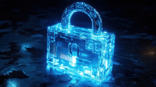 Futuristic holographic padlock radiating blue light in a digital realm, embodying advanced cyber security and protection against threats