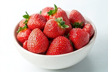 A bowl of bright red strawberries with water droplets on their surface, placed on a smooth white backdrop