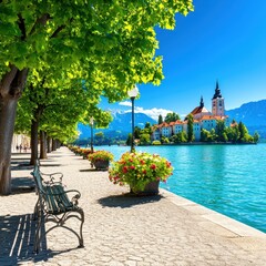 Obraz premium Scenic lakeside promenade with benches, trees, and colorful flower pots, overlooking a historic church and mountains under a clear blue sky.