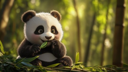 Obraz premium Charming baby panda enjoying a leaf amidst lush bamboo in a serene, softly lit forest setting