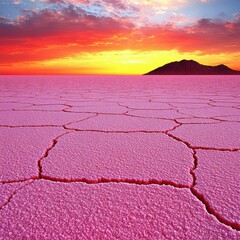 Cracked pink salt flats stretch to the horizon under a vivid sunset sky, with distant mountains silhouetted on the landscape.