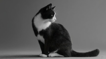 Charming black and white tuxedo cat sitting serenely against a muted gray backdrop, embodying elegance and calmness with its wrapped tail
