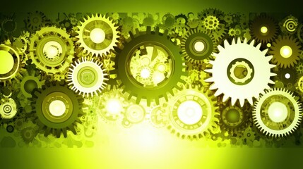 Illuminating gears arrangement conceptualizing motion progress mechanism synergy conveying interconnectedness process in bright green hue