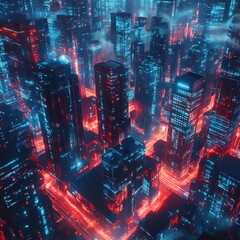 Futuristic city skyline at night, neon lights, aerial view, digital art