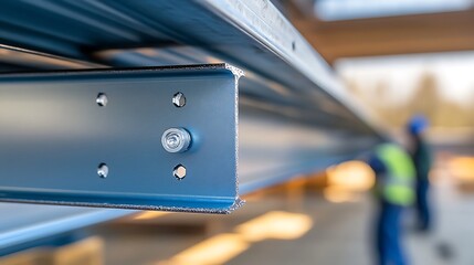 close up of workers tightening metal brackets onto the roof framework, the cold steel of the brackets catching the light, with a focus on the precision of their work