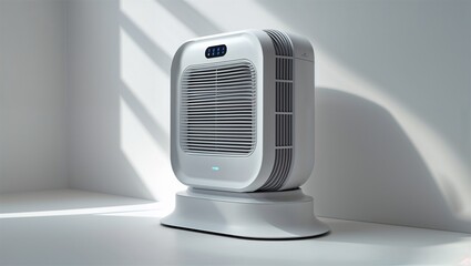 Photorealistic image of a smart air purifier with minimalist design on a white background