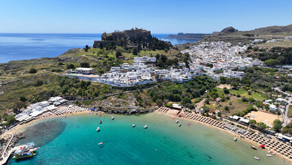Aerial drone photo of stunning traditional village and medieval archaeological site of Acropolis of...