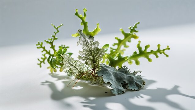 Photorealistic image of a small algae with lichen on a white background