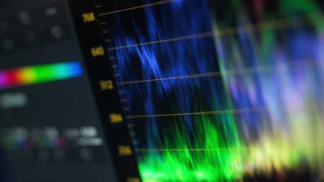 Video color correction: histogram. Analyzes streams in a grading software, interface. RGB colour graphic bar, monitor in post production process. Telecine stage in video, film production processing