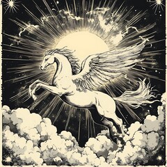 Winged Horse Soaring Through the Night Sky; Graphic Art