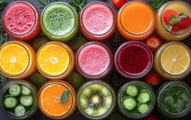 Top view of colorful fresh-pressed juice bottles in circular layout on wood surface highlighting healthy hydration and fruit variety
