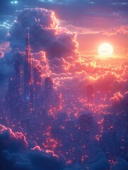 Fototapeta premium Futuristic Cityscape Emerging From Clouds with Bright Sun and Red Glow