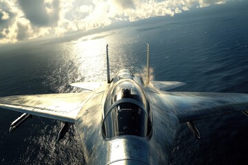 Fototapeta premium Sleek Fighter Jet Flying Over Tranquil Ocean Under Dramatic Clouds