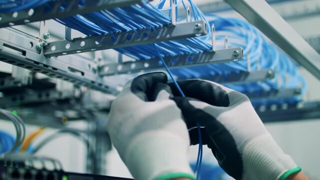 Working on network cables in a data center during the afternoon hours