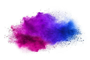 Explosion of colored powder and dust smoke splash red and blue purple on white background	
