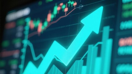 Glowing upward arrow graph on digital screen with financial charts, symbolizing stock market growth, corporate success and positive economic trends.