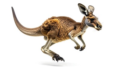 Fototapeta premium Red Kangaroo in Mid-Leap Against White Background